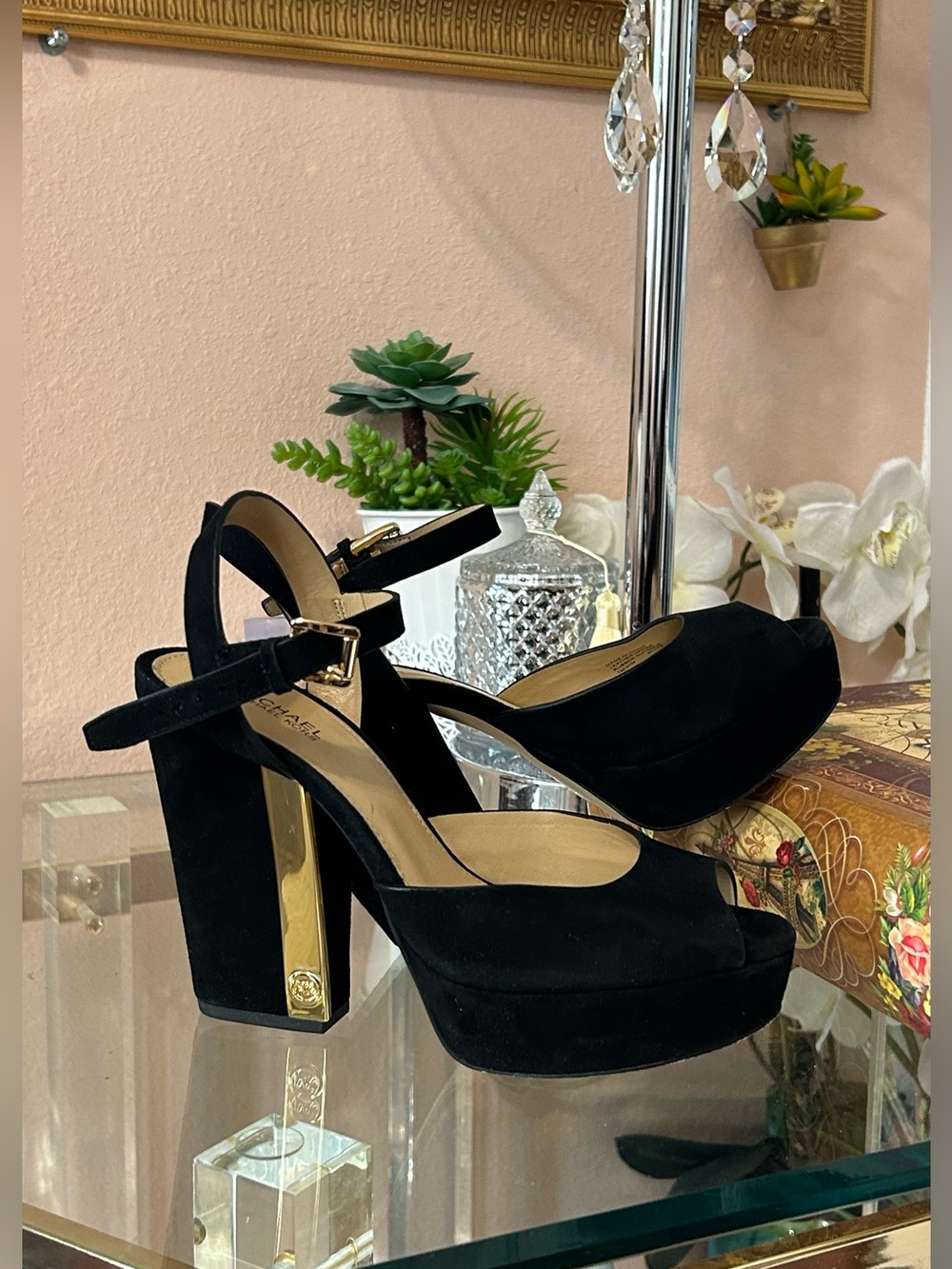 Michael Kors Black Suede Leather Platform Heels with Gold Block Heel Size 7 - Picture 4 of 16